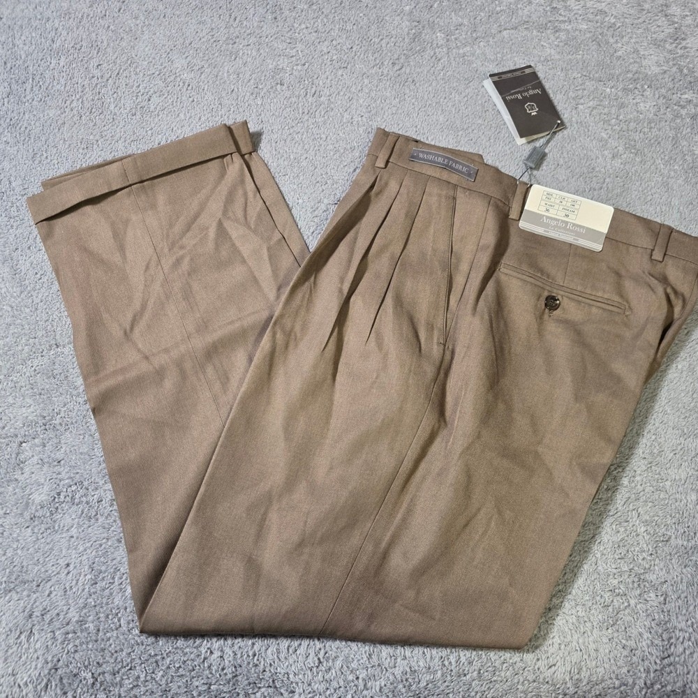 Angelo‎ Rossi Mens 36x30 Dress Pants Brown Pleated Cuffed Washable Fabric NWT